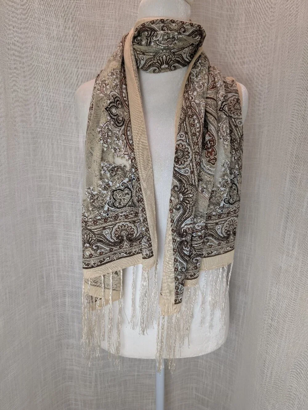 Partially Sheer Beige Brown Scarf with Sparkles